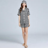 Silk Checkerboard Printed Shorts Pajamas Set Short Sleeves Ladies Silk Sleepwear