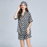 Silk Checkerboard Printed Shorts Pajamas Set Short Sleeves Ladies Silk Sleepwear