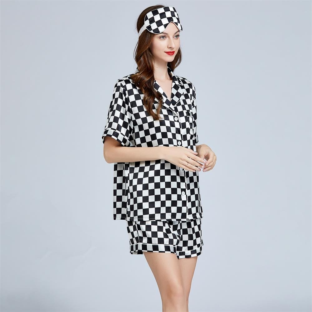 Silk Checkerboard Printed Shorts Pyjama Set Short Sleeves Damen Seide Nachtwäsche