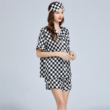 Silk Checkerboard Printed Shorts Pajamas Set Short Sleeves Ladies Silk Sleepwear