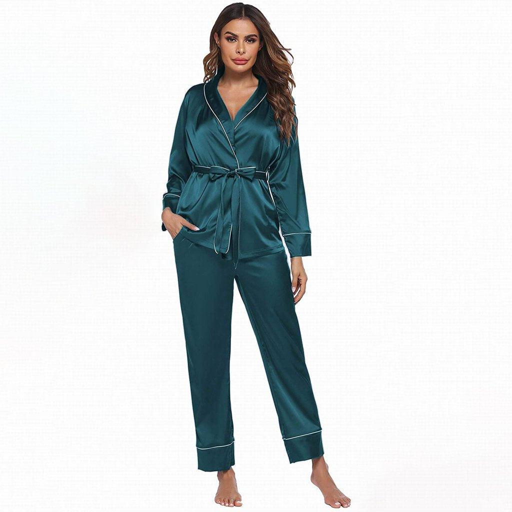 Silk Pajamas Long Sleeve Top with Belt 2 Piece for Women silk pajamas nightwear - DIANASILK