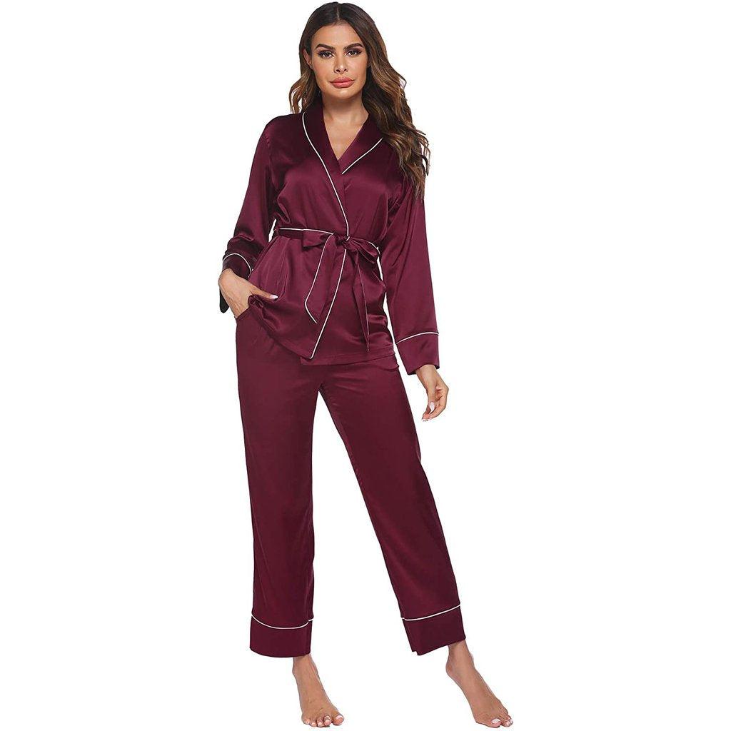 Silk Pajamas Long Sleeve Top with Belt 2 Piece for Women silk pajamas nightwear - DIANASILK