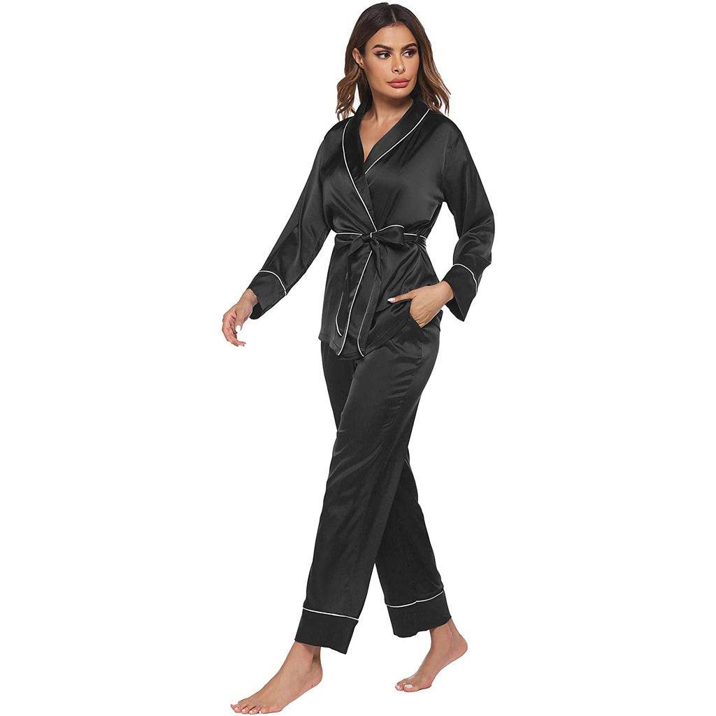 Silk Pajamas Long Sleeve Top with Belt 2 Piece for Women silk pajamas nightwear - DIANASILK