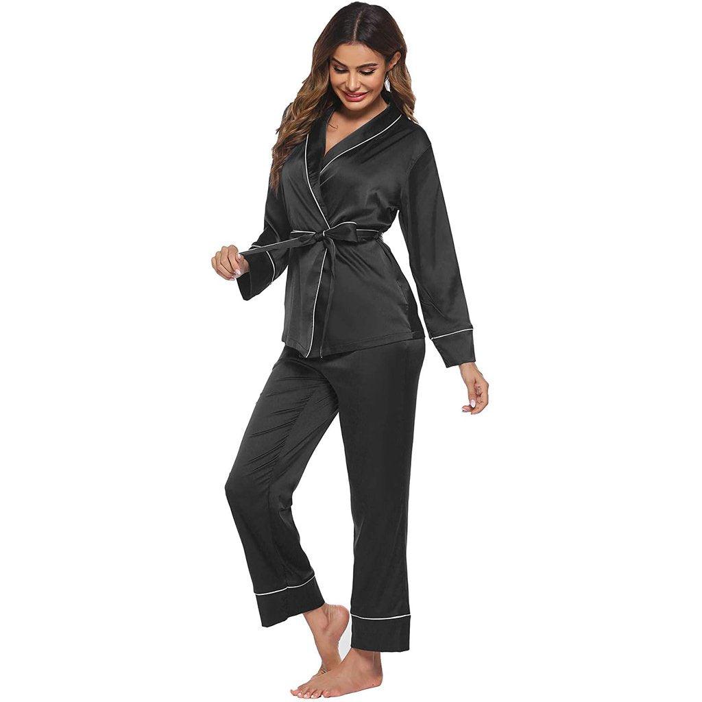 Silk Pajamas Long Sleeve Top with Belt 2 Piece for Women silk pajamas nightwear - DIANASILK