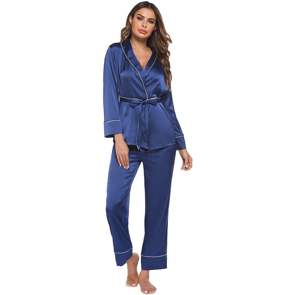 Silk Pajamas Long Sleeve Top with Belt 2 Piece for Women silk pajamas nightwear - DIANASILK