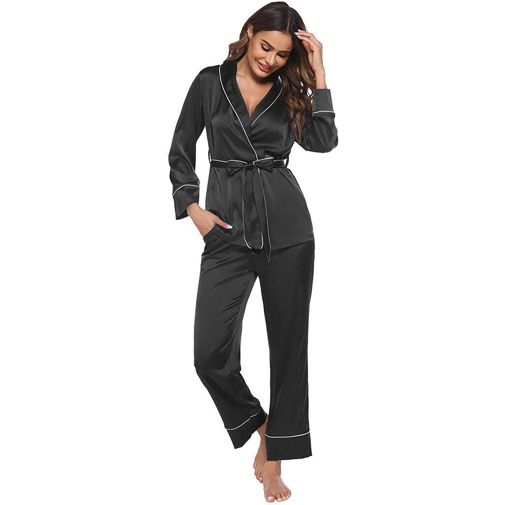 Silk Pajamas Long Sleeve Top with Belt 2 Piece for Women silk pajamas nightwear - DIANASILK