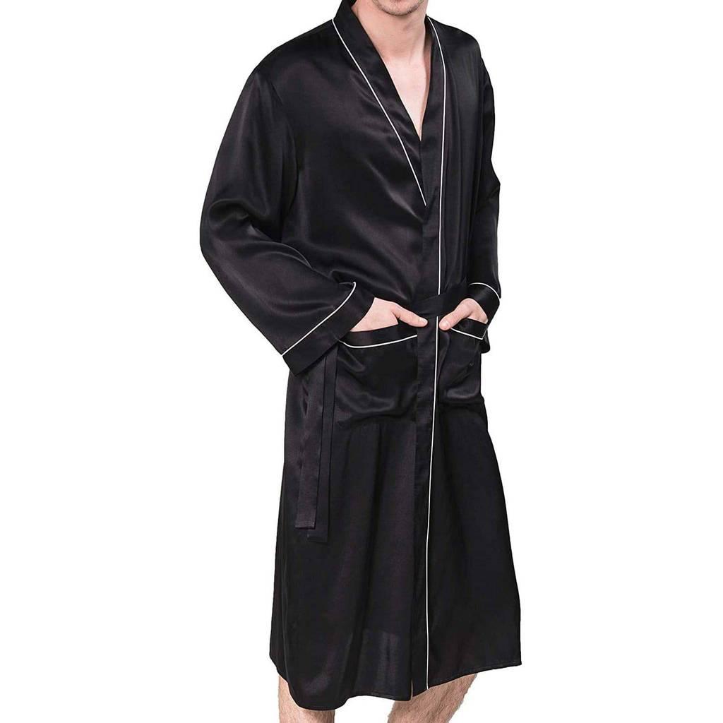 100% Men's Silk Robe Luxury Long Silk Bathrobe Pure Male Silk Robes - Navy  Blue / XS