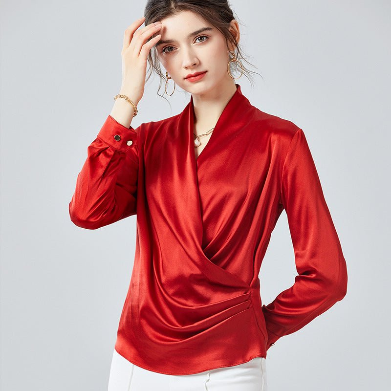 Spring New Elegant Ladies Silk Blouse 100% Mulberry Silk Shirt Long Sleeves Silk Top