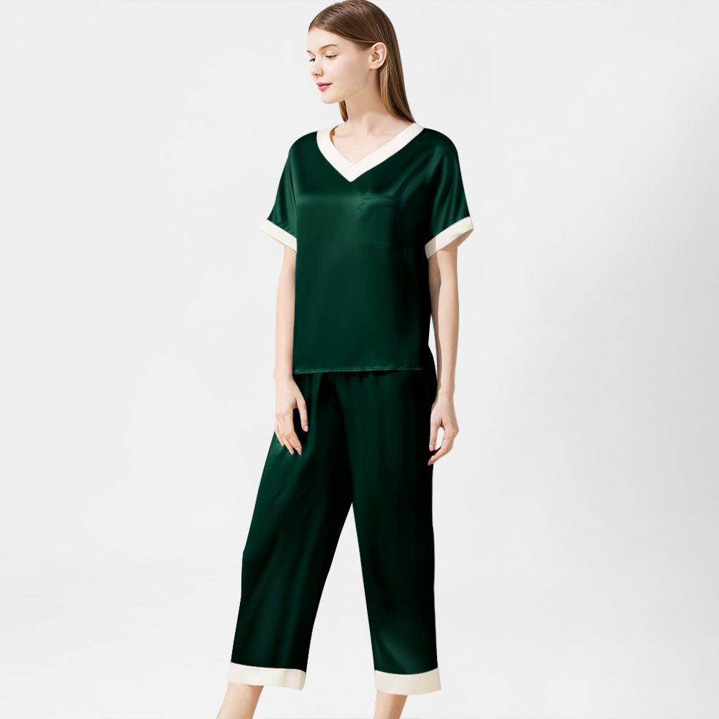 V neck 100% Pure Mulberry Short Sleeve Silk Pajama Set for Women - DIANASILK