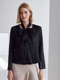 V Neck 100%  Silk Bow Tie Neck Top Jasmine Blouse Long Sleeves Silk Top