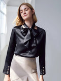 V Neck 100%  Silk Bow Tie Neck Top Jasmine Blouse Long Sleeves Silk Top