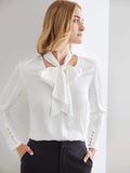 V Neck 100%  Silk Bow Tie Neck Top Jasmine Blouse Long Sleeves Silk Top