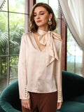 V Neck 100%  Silk Bow Tie Neck Top Jasmine Blouse Long Sleeves Silk Top
