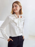 V Neck 100%  Silk Bow Tie Neck Top Jasmine Blouse Long Sleeves Silk Top