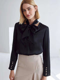 V Neck 100%  Silk Bow Tie Neck Top Jasmine Blouse Long Sleeves Silk Top