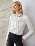 V Neck 100%  Silk Bow Tie Neck Top Jasmine Blouse Long Sleeves Silk Top