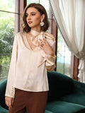 V Neck 100%  Silk Bow Tie Neck Top Jasmine Blouse Long Sleeves Silk Top