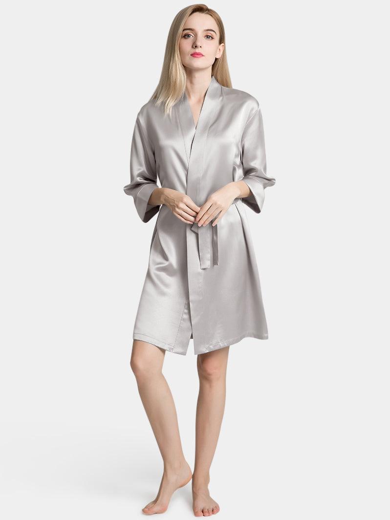 V-Neck Ladies Soft Sleepwear Short Self-tie Belt Silk Robe for Women - DIANASILK