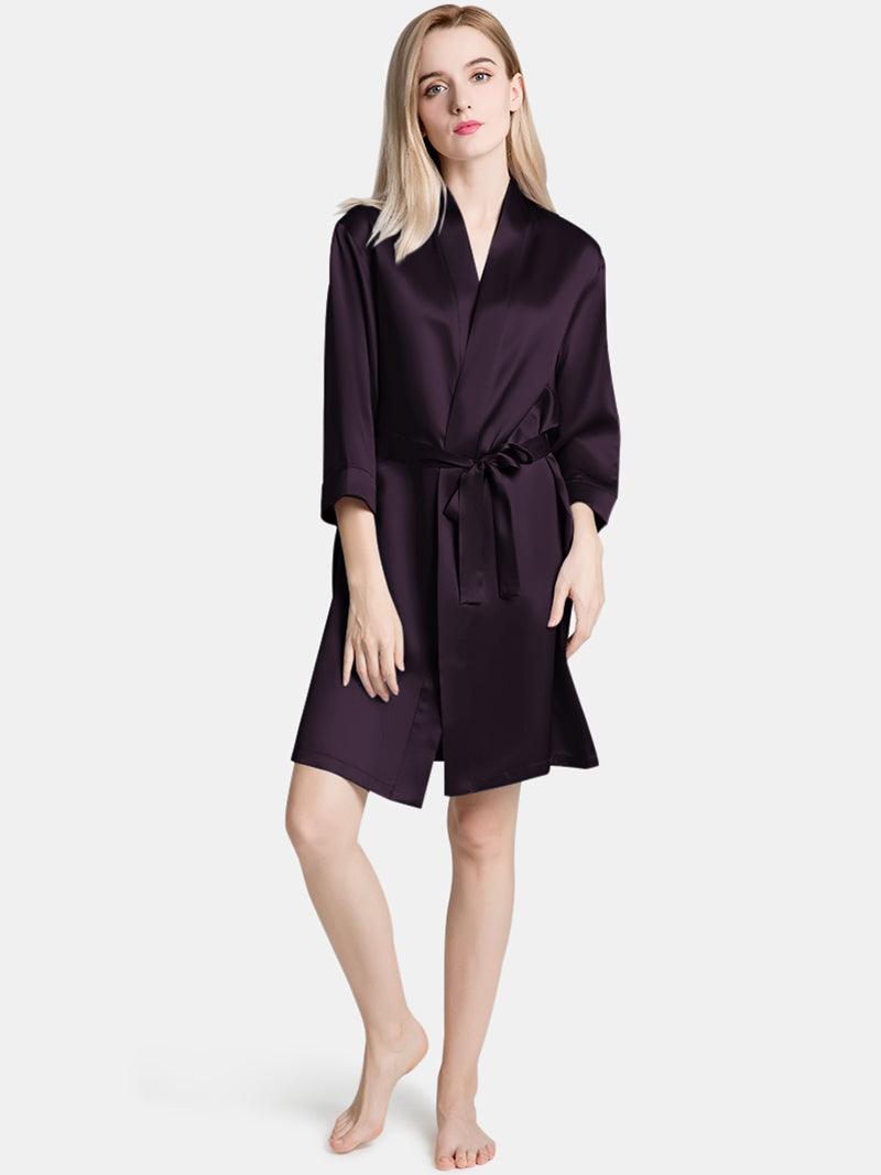 V-Neck Ladies Soft Sleepwear Short Self-tie Belt Silk Robe for Women - DIANASILK