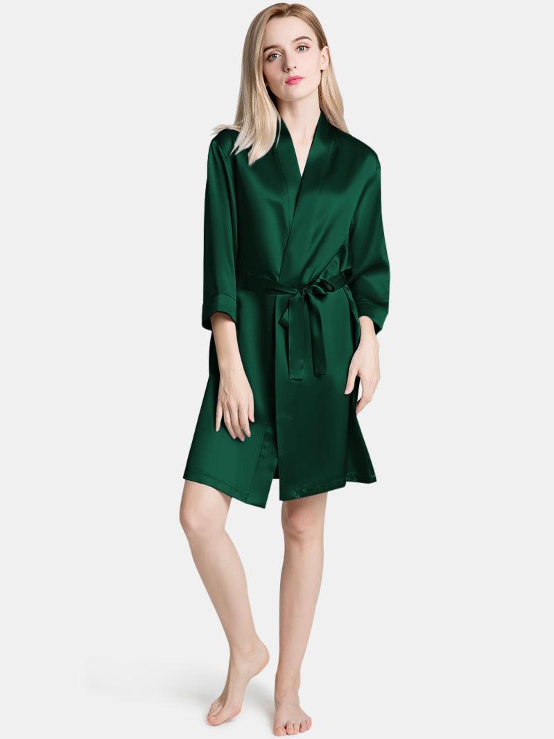 V-Neck Ladies Soft Sleepwear Short Self-tie Belt Silk Robe for Women - DIANASILK