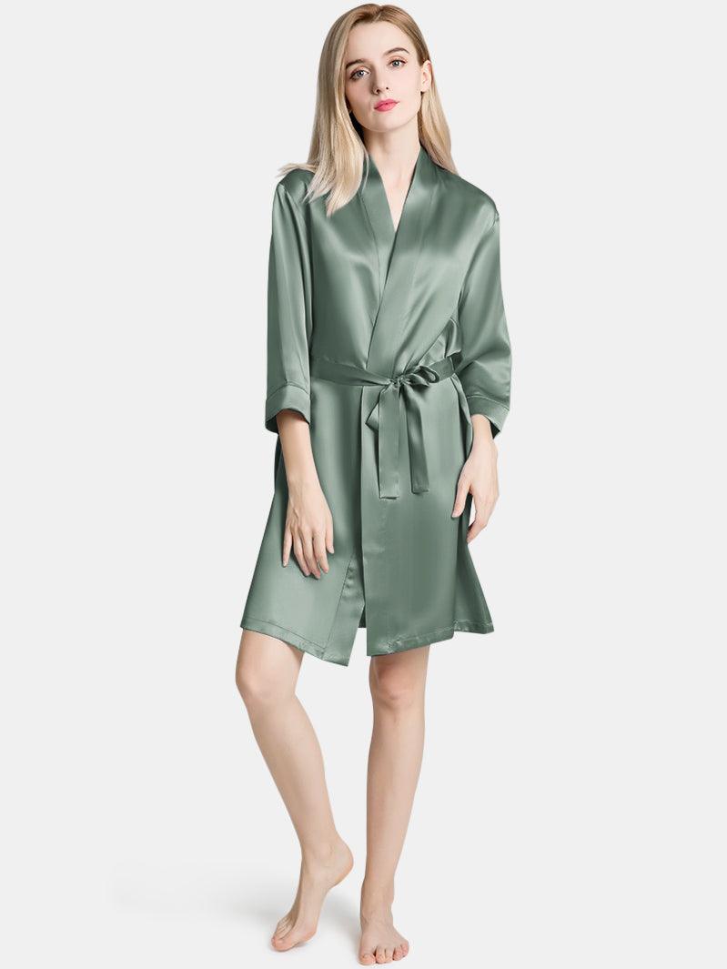 V-Neck Ladies Soft Sleepwear Short Self-tie Belt Silk Robe for Women - DIANASILK