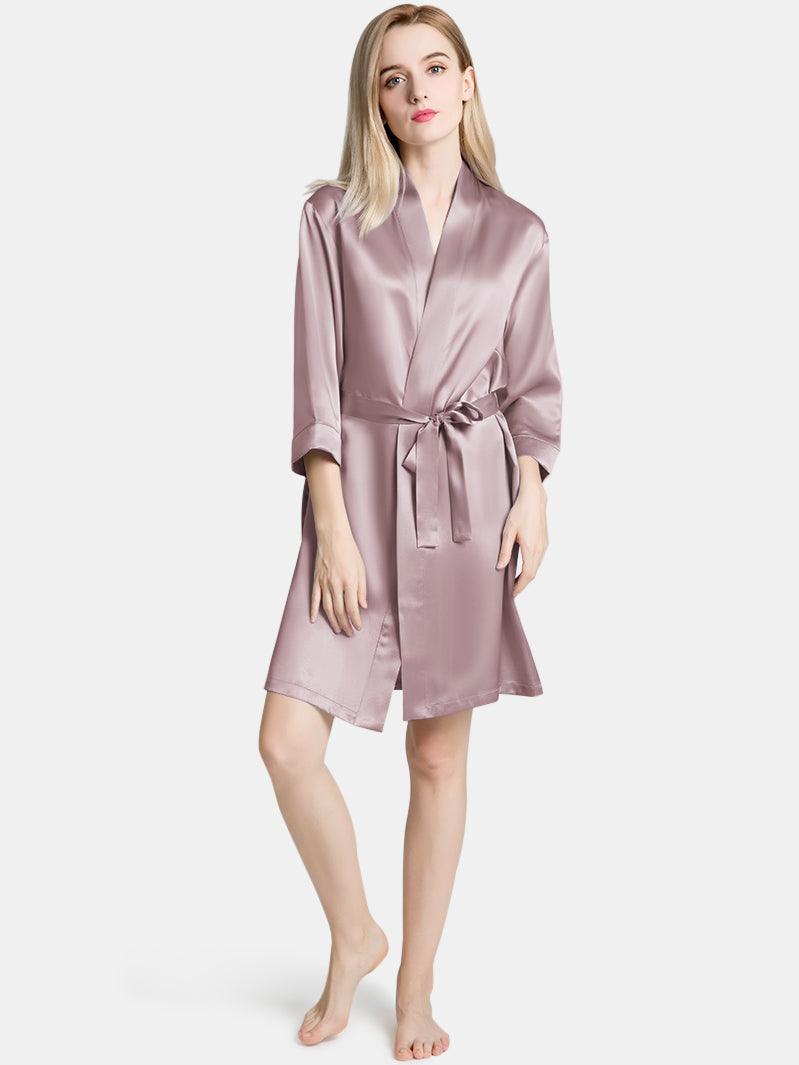 V-Neck Ladies Soft Sleepwear Short Self-tie Belt Silk Robe for Women - DIANASILK