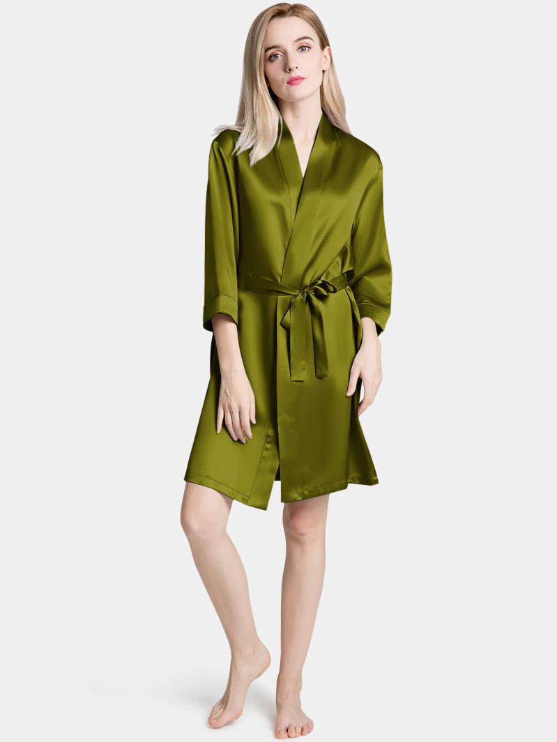 V-Neck Ladies Soft Sleepwear Short Self-tie Belt Silk Robe for Women - DIANASILK