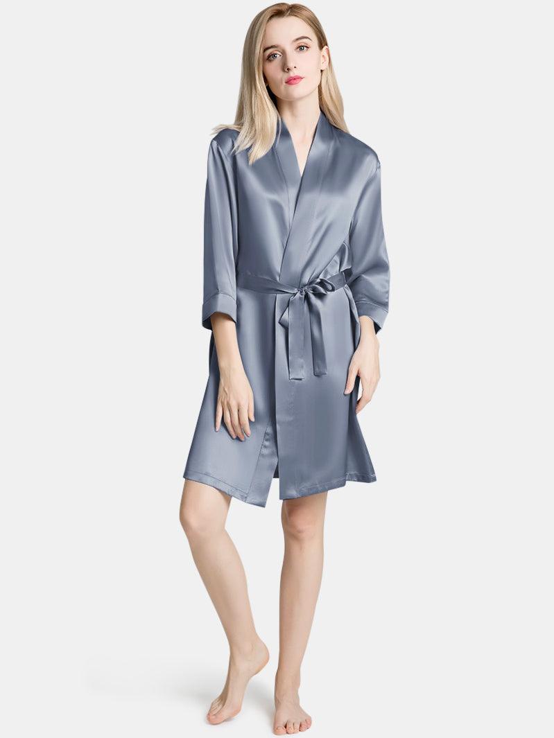 V-Neck Ladies Soft Sleepwear Short Self-tie Belt Silk Robe for Women - DIANASILK
