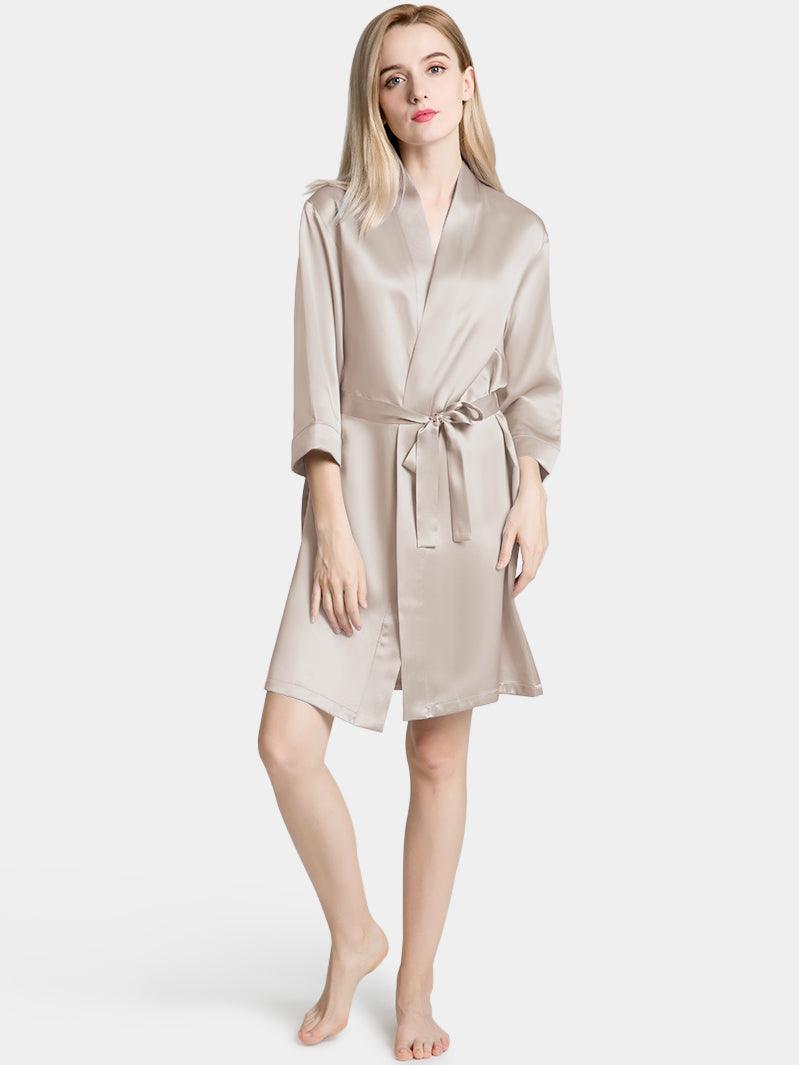 V-Neck Ladies Soft Sleepwear Short Self-tie Belt Silk Robe for Women - DIANASILK