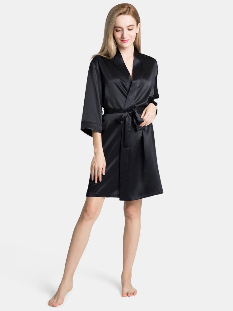 V-Neck Ladies Soft Sleepwear Short Self-tie Belt Silk Robe for Women - DIANASILK