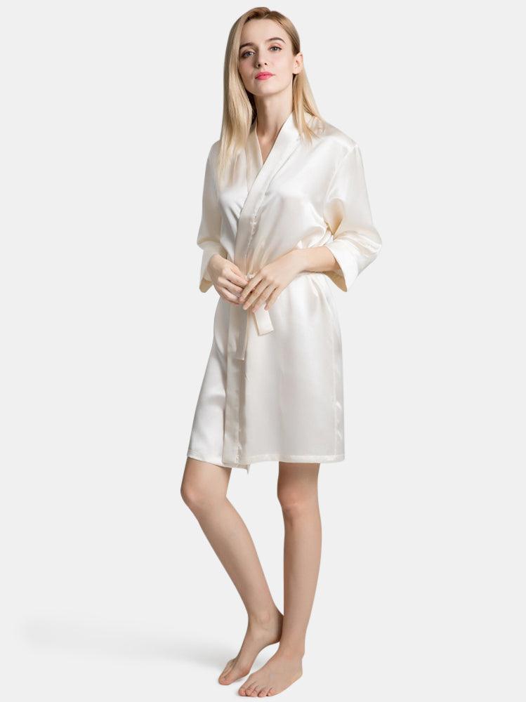 V-Neck Ladies Soft Sleepwear Short Self-tie Belt Silk Robe for Women - DIANASILK