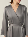 V Neck Mulberry Short Silk Long Sleeve for Women 100% Pure Silk Night Robe with Belt