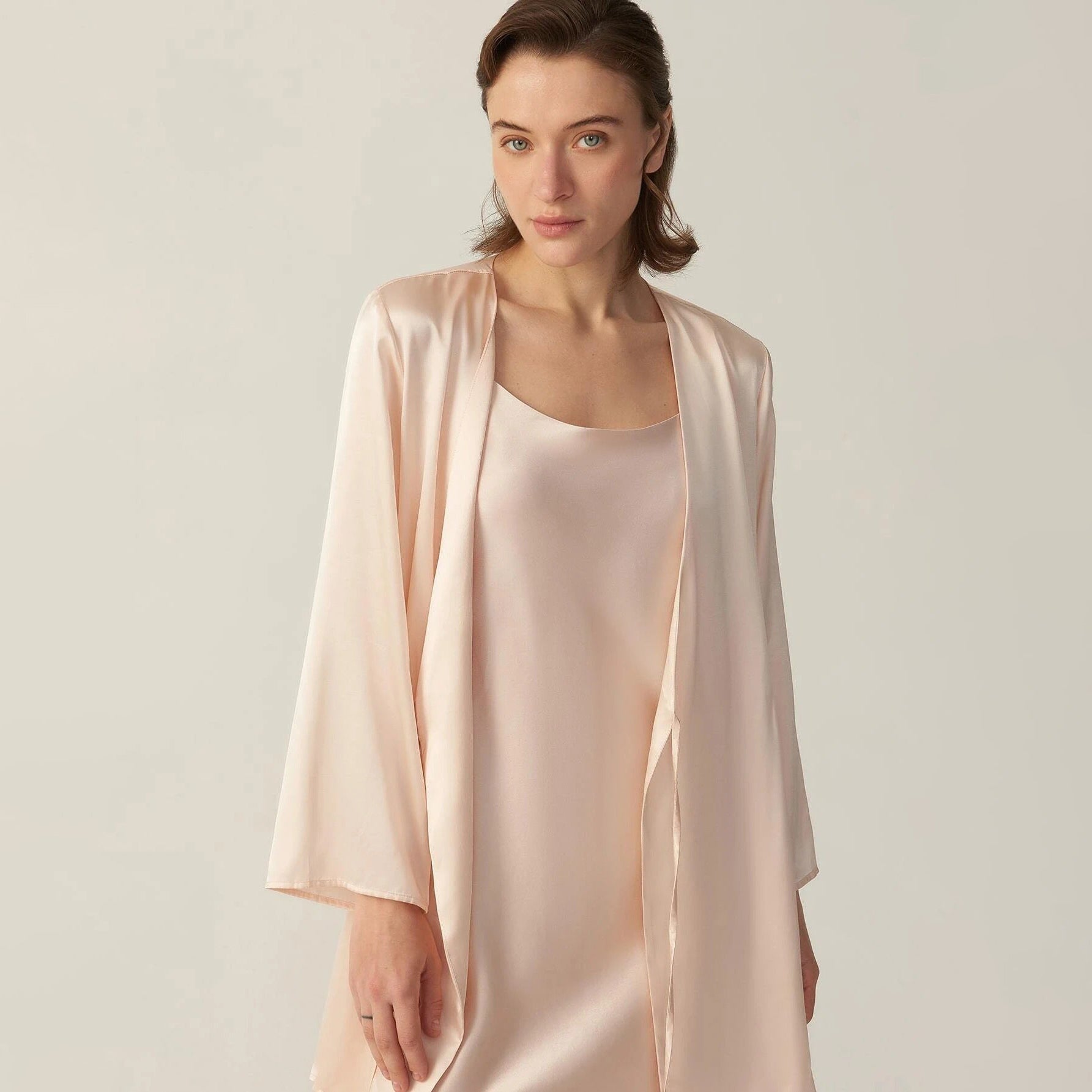 V Neck Mulberry Short Silk Long Sleeve for Women 100% Pure Silk Night Robe with Belt - DIANASILK