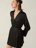 V-Ausschnitt Mulberry Short Silk Long Sleeve für Frauen 100% reine Seide Nachthemd mit Gürtel