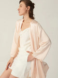 Robe de nuit courte en soie mûre, col en V, manches longues, pour femmes, 100% Pure soie, avec ceinture