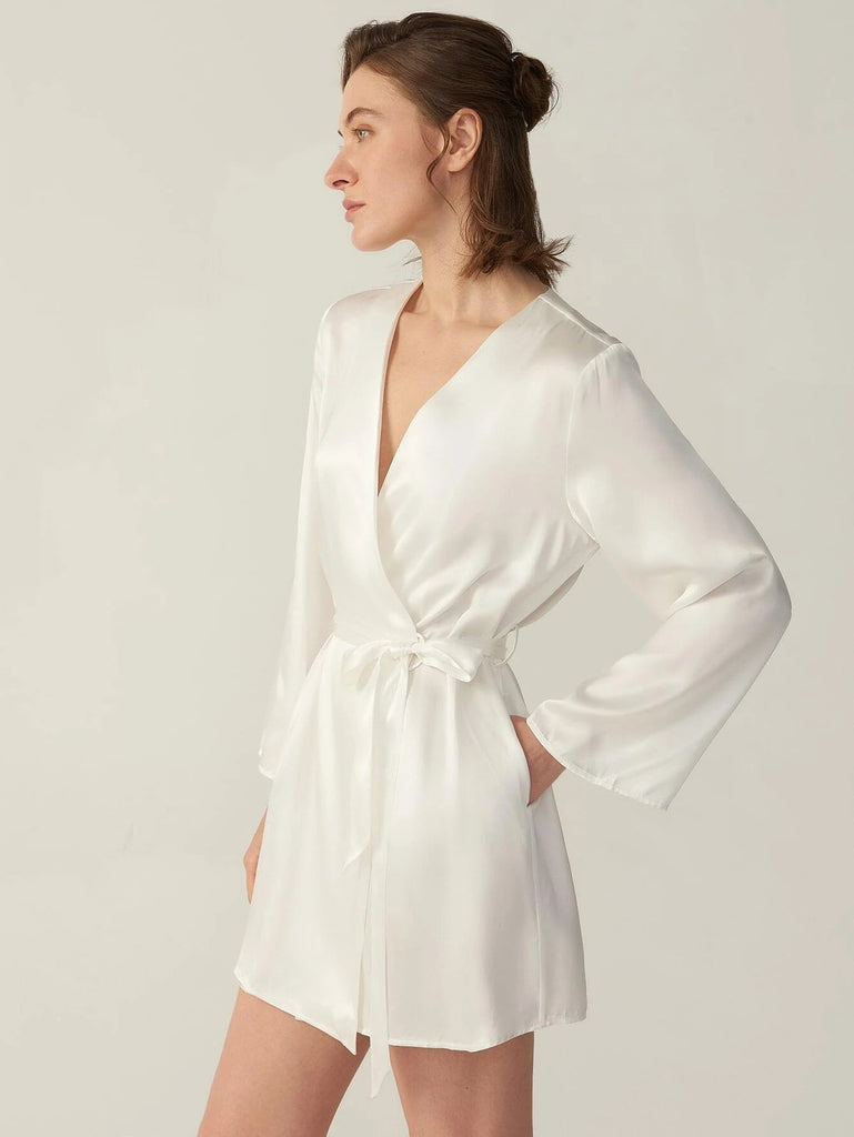 V Neck Mulberry Short Silk Long Sleeve for Women 100% Pure Soie Robe de nuit avec ceinture