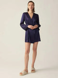 V-Ausschnitt Mulberry Short Silk Long Sleeve für Frauen 100% reine Seide Nachthemd mit Gürtel