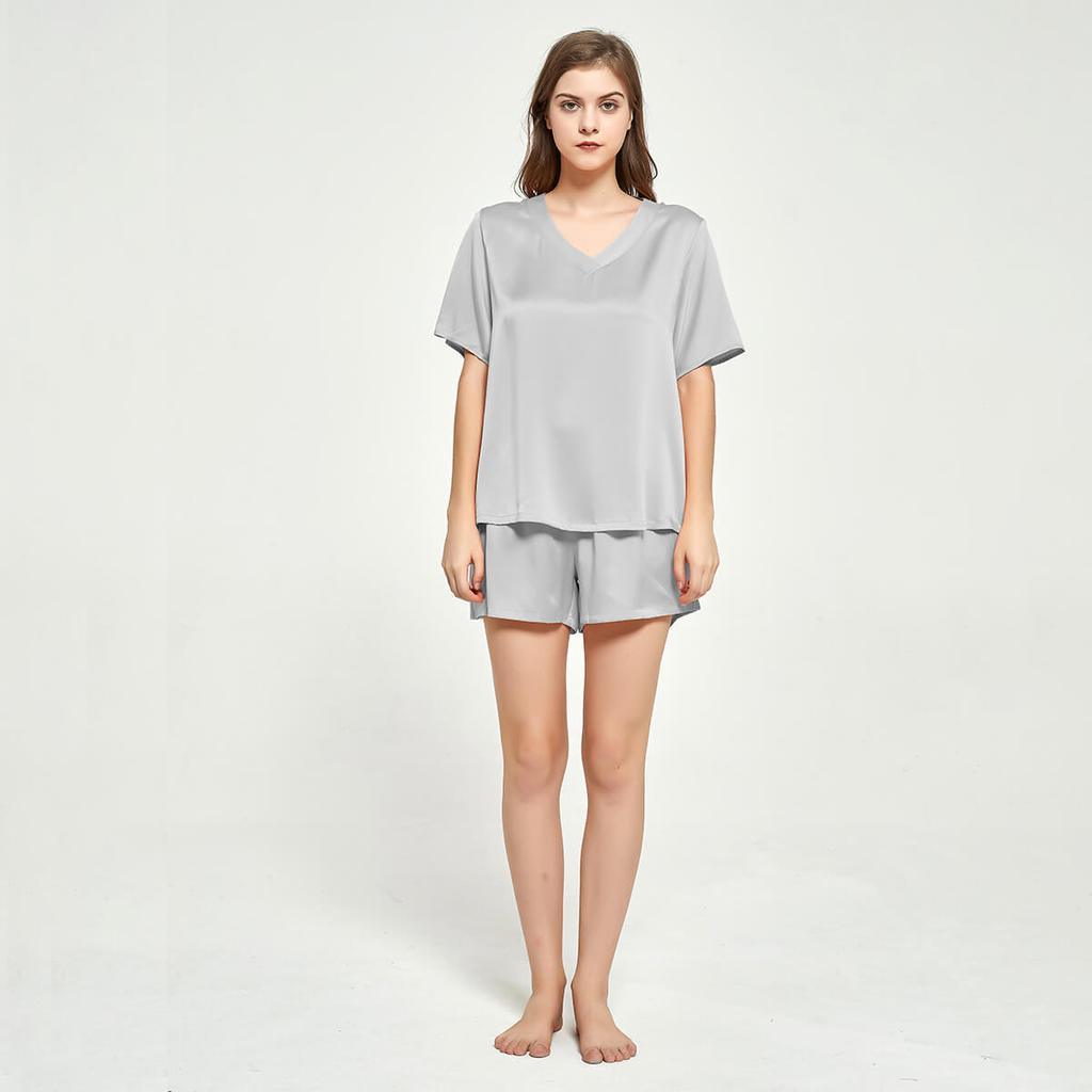 V-neck Short Sleeved Silk T-shirt Short Pajama Set for Women silk pajamas nightwear - DIANASILK