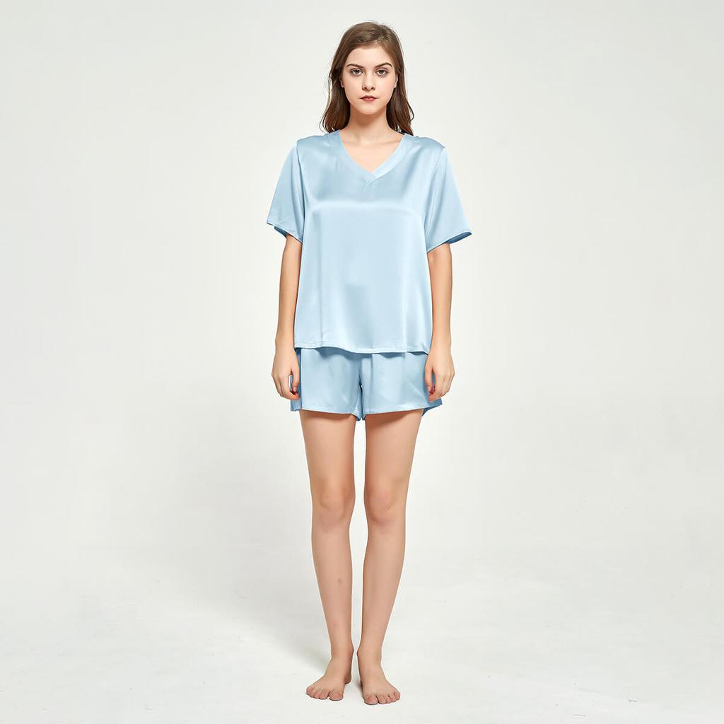 V-neck Short Sleeved Silk T-shirt Short Pajama Set for Women silk pajamas nightwear - DIANASILK