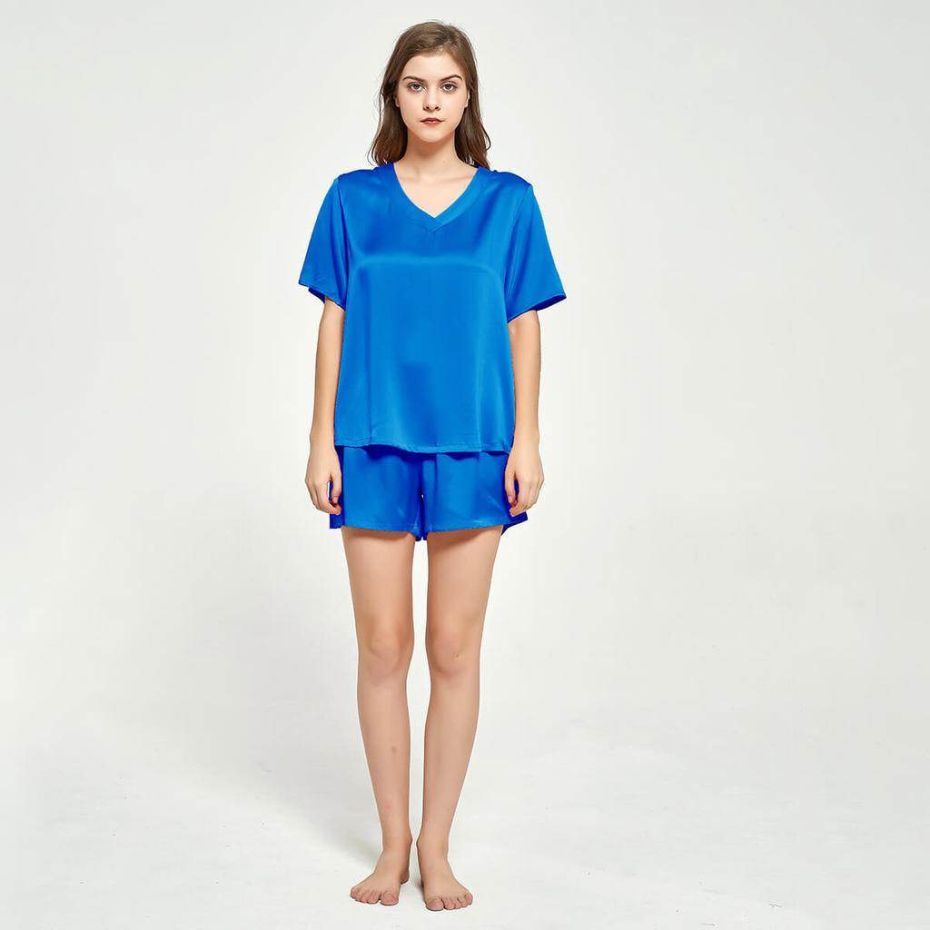 V-neck Short Sleeved Silk T-shirt Short Pajama Set for Women silk pajamas nightwear - DIANASILK