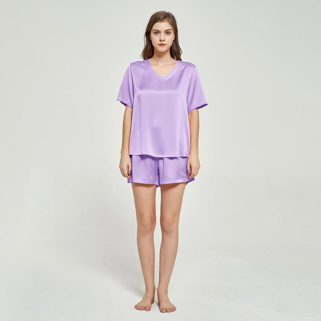 V-neck Short Sleeved Silk T-shirt Short Pajama Set for Women silk pajamas nightwear - DIANASILK
