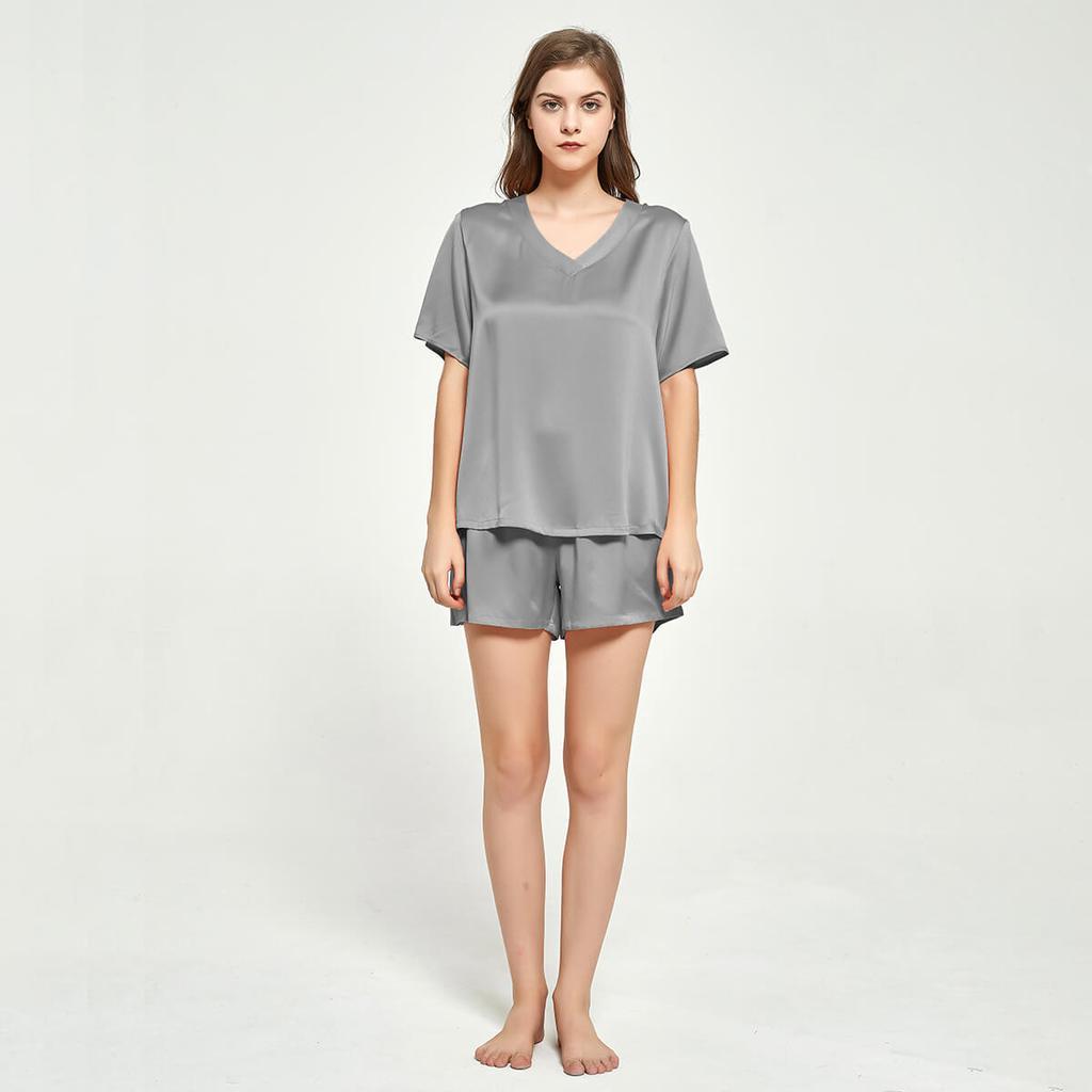 V-neck Short Sleeved Silk T-shirt Short Pajama Set for Women silk pajamas nightwear - DIANASILK