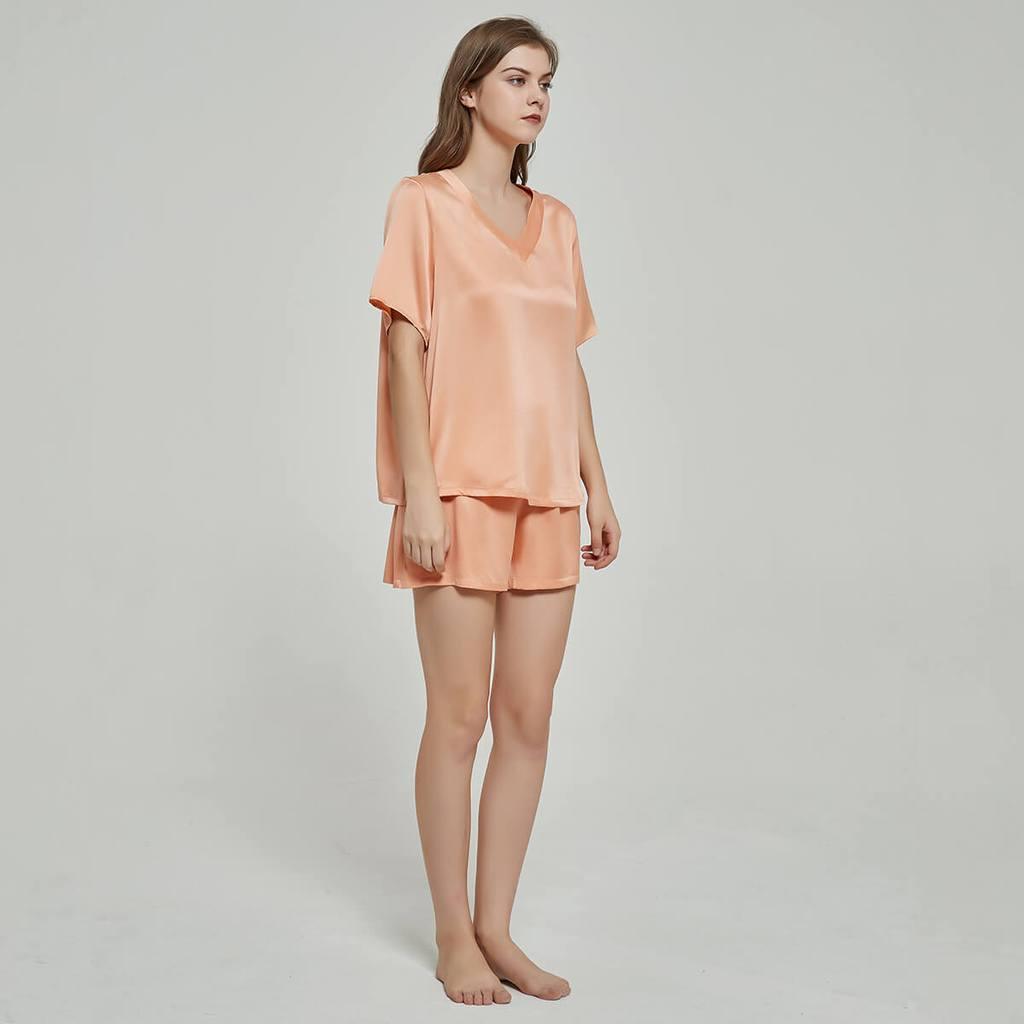 V-neck Short Sleeved Silk T-shirt Short Pajama Set for Women silk pajamas nightwear - DIANASILK