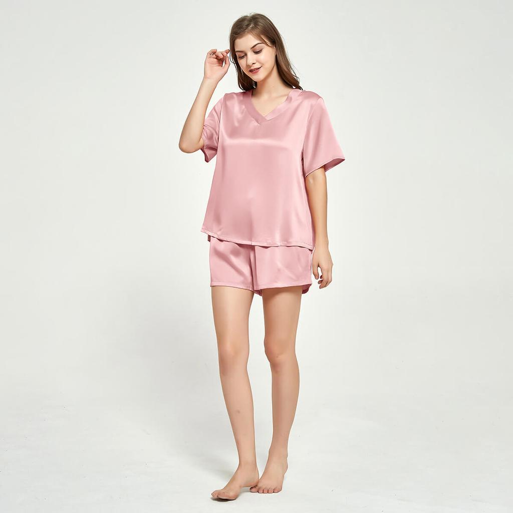 V-neck Short Sleeved Silk T-shirt Short Pajama Set for Women silk pajamas nightwear - DIANASILK
