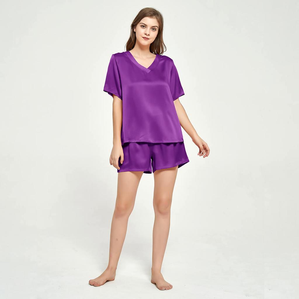 V-neck Short Sleeved Silk T-shirt Short Pajama Set for Women silk pajamas nightwear - DIANASILK
