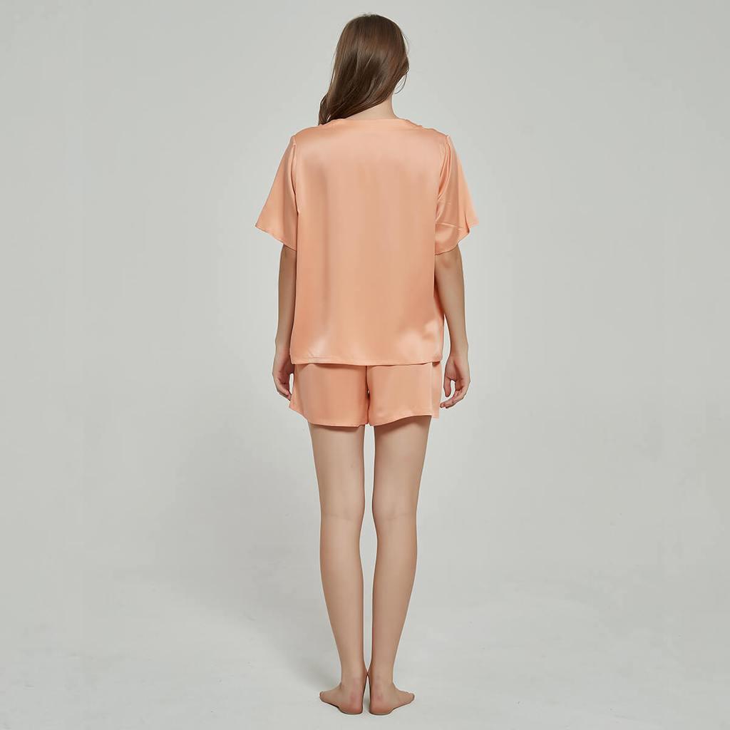 V-neck Short Sleeved Silk T-shirt Short Pajama Set for Women silk pajamas nightwear - DIANASILK