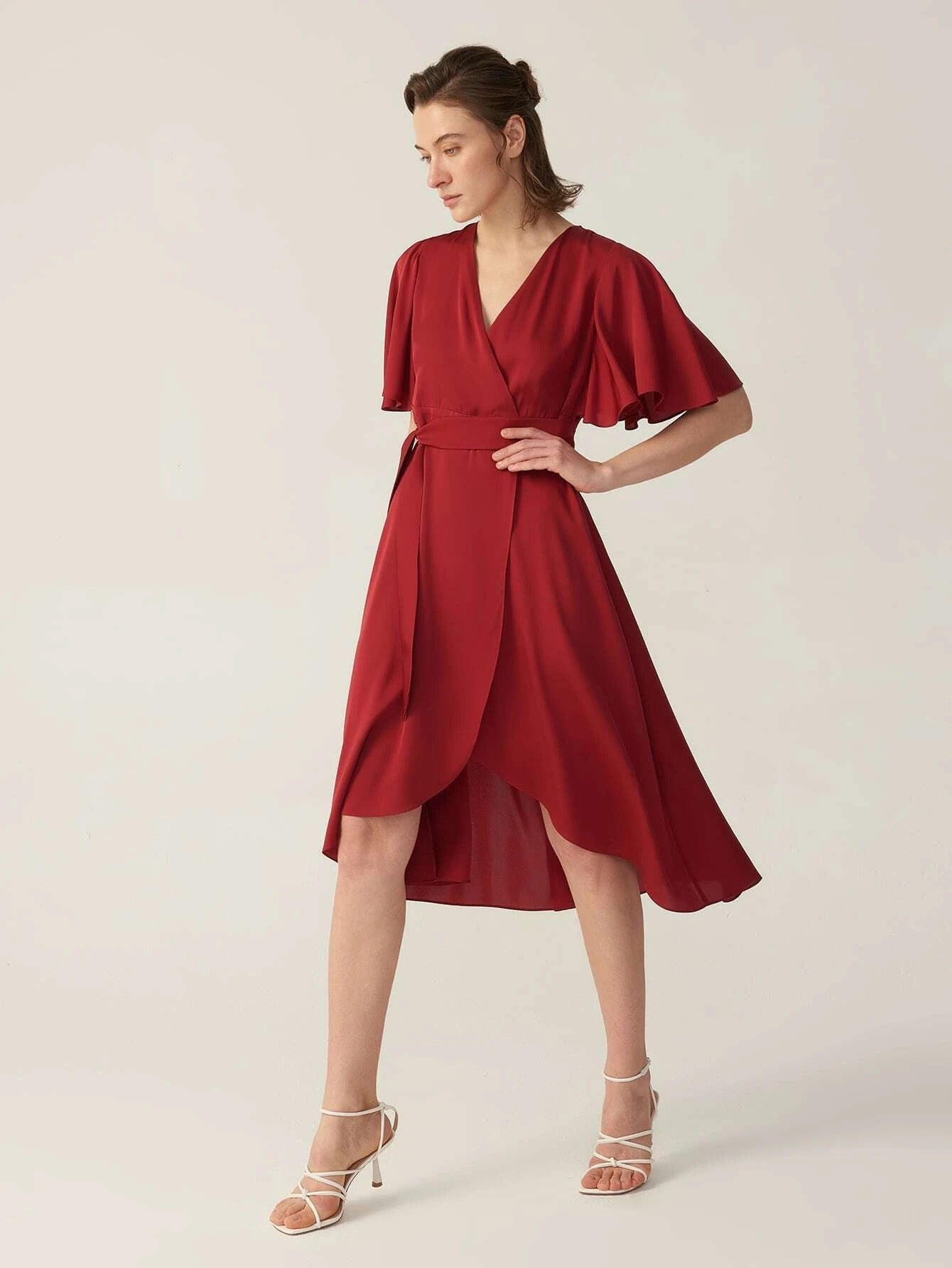 V-Ausschnitt Seide Grade 6a 22 mm dehnbares Wickelkleid mit kurzen Ärmeln