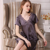 V neck Women Silk Nightgown with lace short sleeves classic silk sleepwear (multi-colors) - DIANASILK