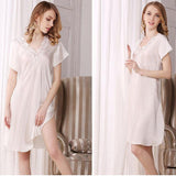 V neck Women Silk Nightgown with lace short sleeves classic silk sleepwear (multi-colors) - DIANASILK