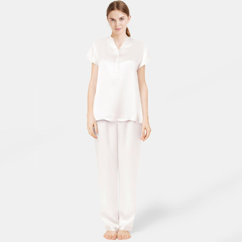 Women Short Sleeve Mulberry Silk Pajama Set V-Neck 100% Silk PJ Set - DIANASILK